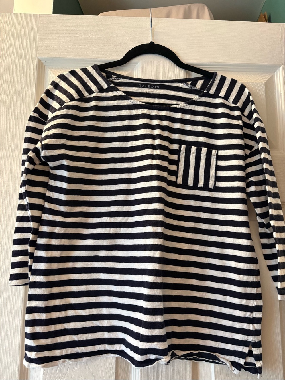 Talbots Women’s Navy & White Striped Long Sleeve Tee with Chest Pocket